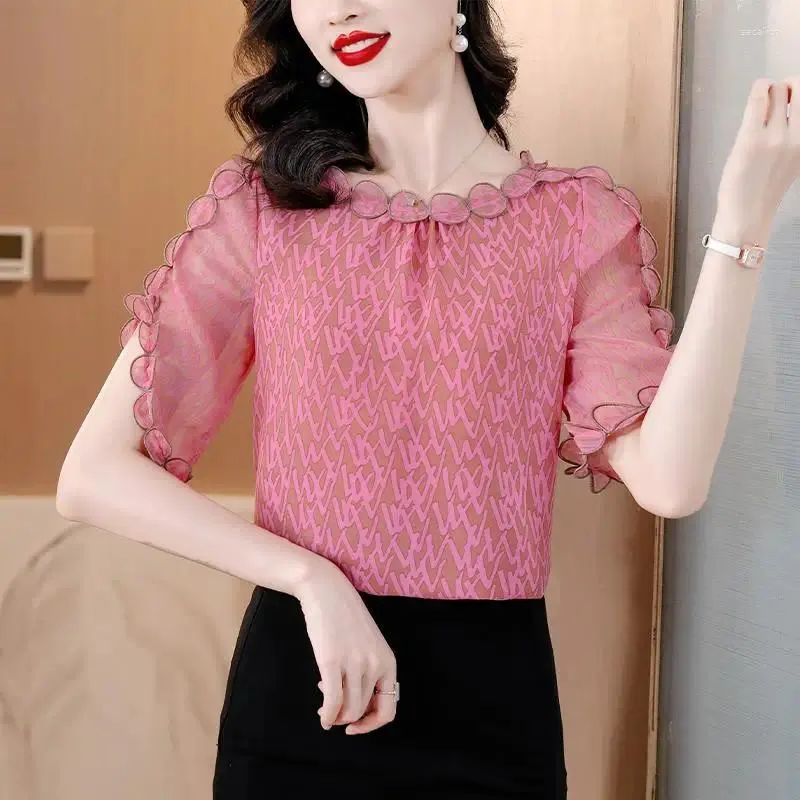 Women Chiffon Blouse Korean Style Printed Floral Blouse Woman Tops Short  Sleeve Loose Casual Shirt 4XL