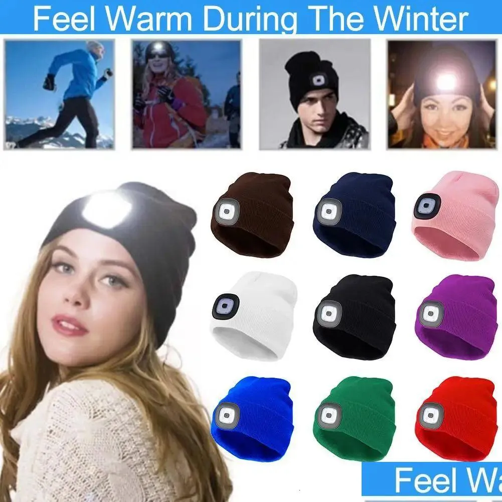 Cappellini Beanie/Skull Cappellini Beanie Skl Led con luce Uni Usb ricaricabile 4 fari cappello lavorato a maglia torcia elettrica uomini berretto regalo illuminato inverno Ni Otozg