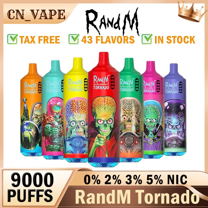 Original RandM Tornado 9000 Puffs Disposable E Cigarettes 0.8ohm Mesh Coil 18ml Pod Battery Rechargeable Electronic 9000 puff Cigs 9K 2% 5% Vape Pen 43 Flavors