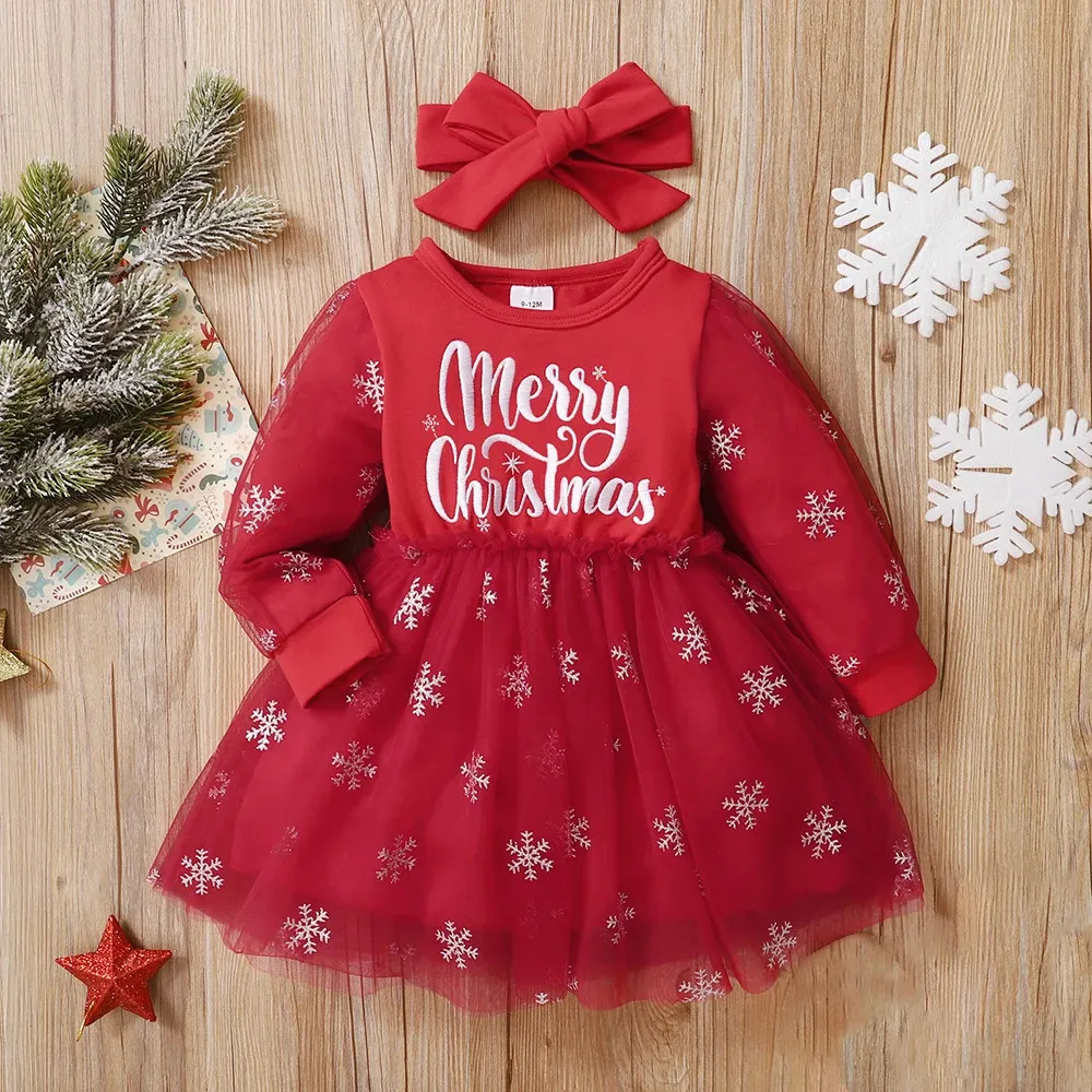 Mädchenkleider 324 MKleinkind Weihnachtskleid Geboren als erstes Baby Mädchen Weihnachtsjahr Langarm Kostüm Strampler Outfit Kleidung 231124