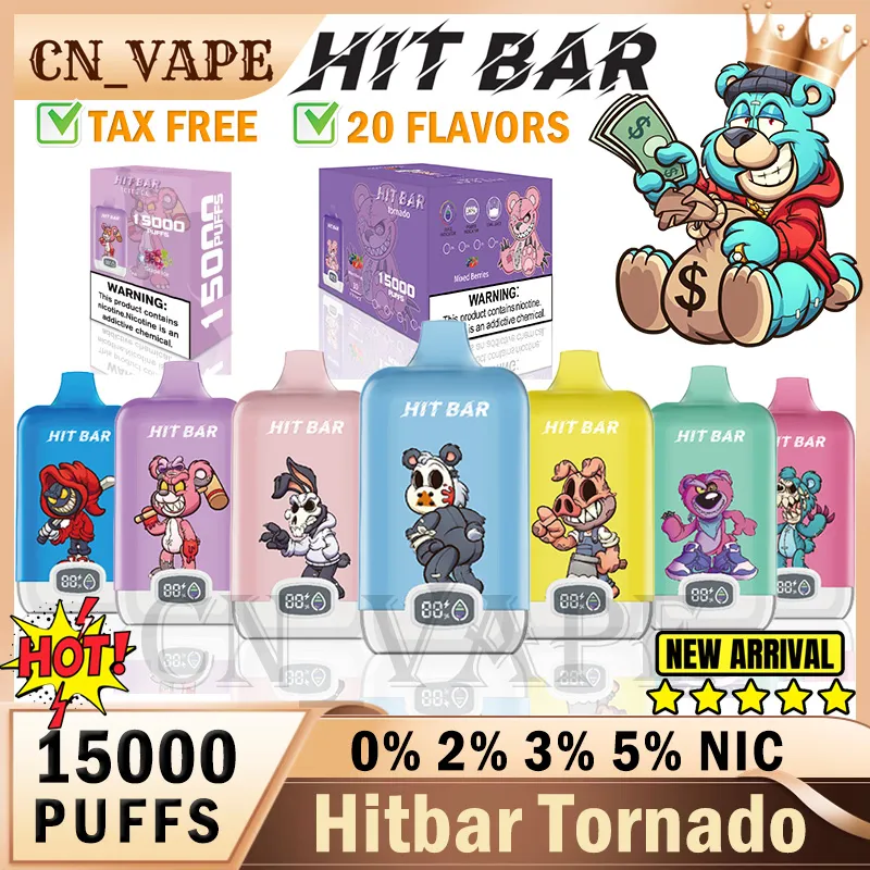 Original Hitbar -Tornado 15000 Puff Einweg -Zigaretten 1OHM Mesh Spule 23ml Pod Batterie wiederaufladbare elektronische Zigus Puff 15k 0% 2% 3% 5% Vape Pen Tornado 9000 9k Treffer