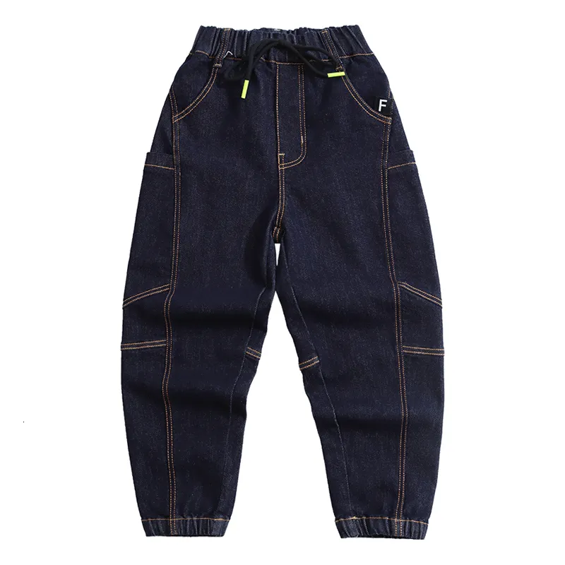 Jeans Garçons Contraste Point Patché Détail Cargo Jeans Printemps Automne Taille Élastique Pantalon Multi-poches pour Adolescents Vêtements Décontractés 6 à 14 230424