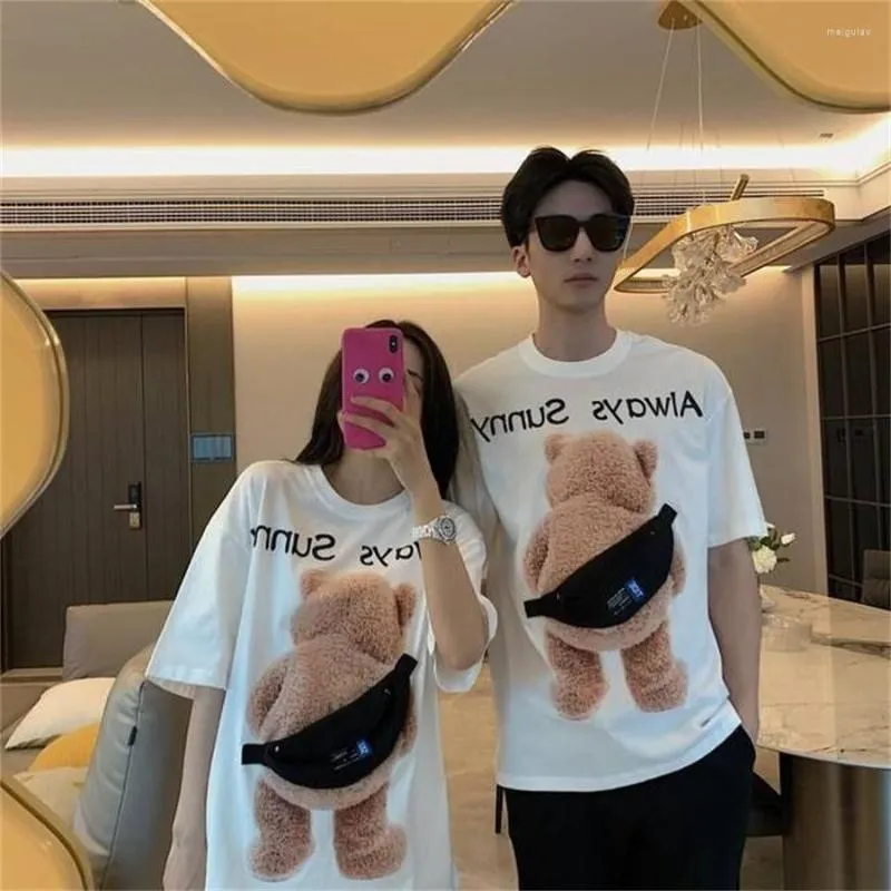 Women's T Shirts Lovers Bear Print Stitching Short-sleeved T-shirt Girls Summer Ins Tide Loose Student Unisex Couple Clothes Harajuku