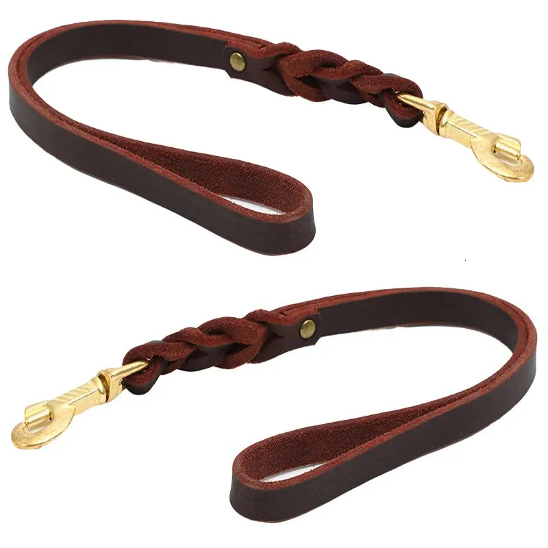 Dog Collars Leashes 50cm Short Dog Leash One step pet traction belt Braided Real Leather dog Walking Training Lead for small Medium Large Big Dogs 231124