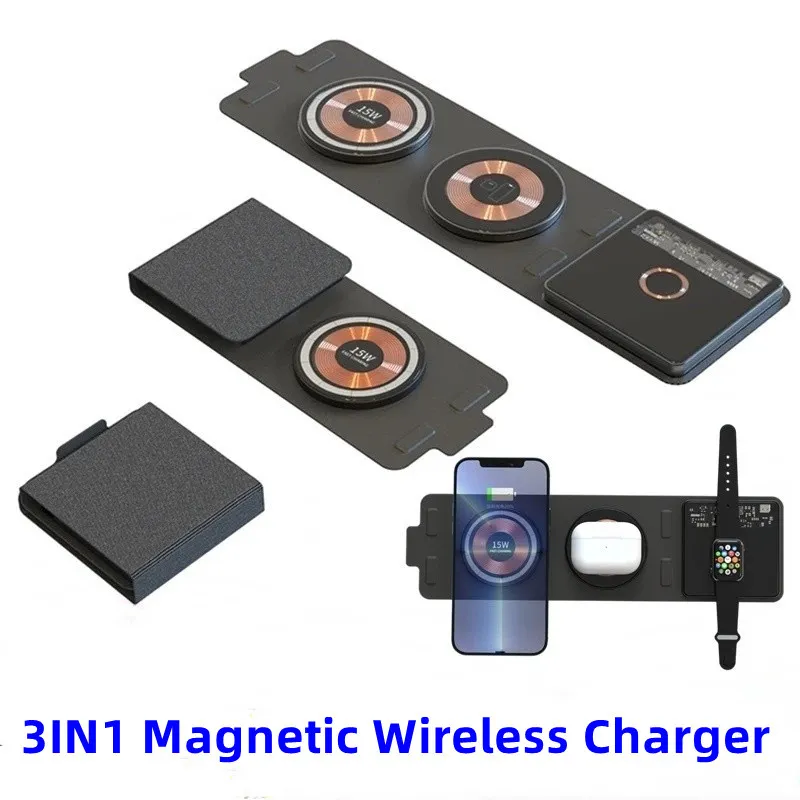 3in1 Magnetisk trådlös laddare för Apple Watch AirPods 15W transparent bärbar vikning Fast Charger för iPhone 12 13 14 Pro Max med låda