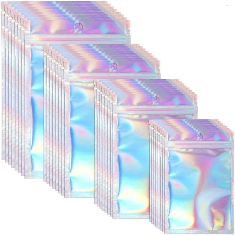 Gift Wrap 60Pcs 6 Sizes Bags Pouches Cosmetic Plastic Laser Holographic Makeup Storage Bag Hologram Zipper Packaging