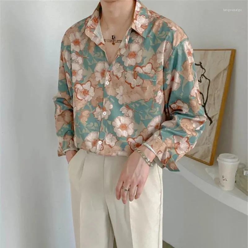 Mäns avslappnade skjortor Fashion Street Apparel Retro Hong Kong Flower Shirt Loose and Luxury Spring/Summer Thin Long Sleeve Clothing