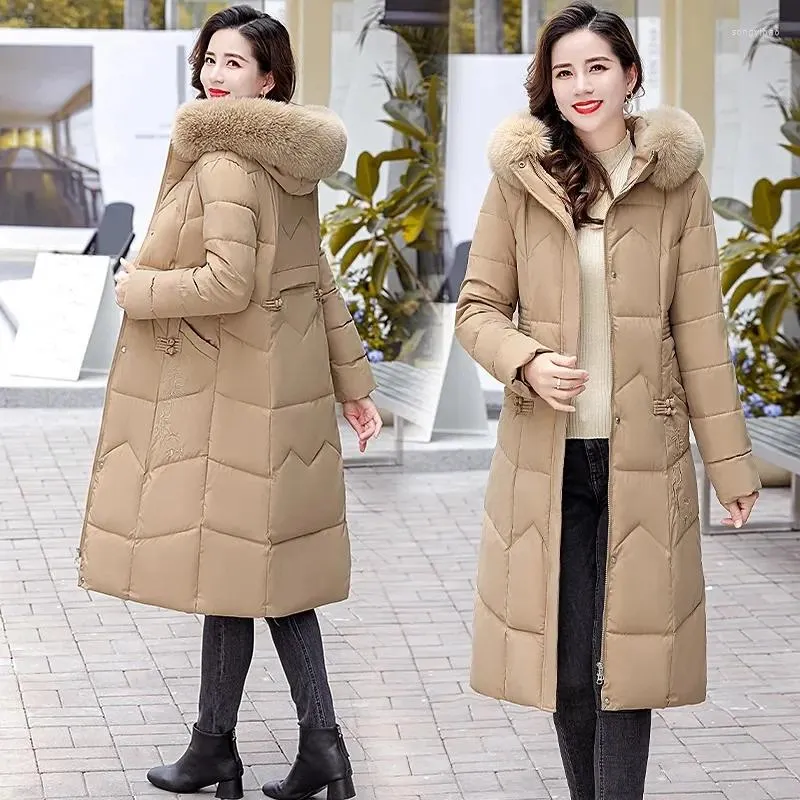 Женские плащи 2023, зимняя длинная теплая пуховая хлопковая куртка с меховым воротником, парка с капюшоном, модная тонкая зимняя верхняя одежда, корейские куртки
