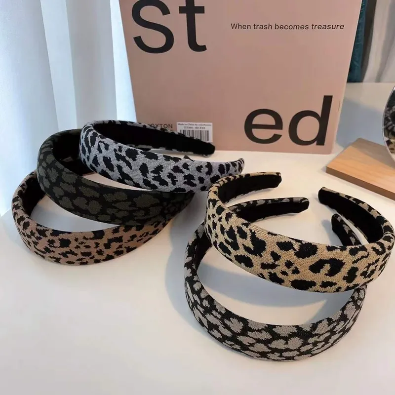 Classic Leopard Print Knitted Wide-Brimmed Sponge Headband Increased Skull Top Net Red Headband Hair Accessories Female