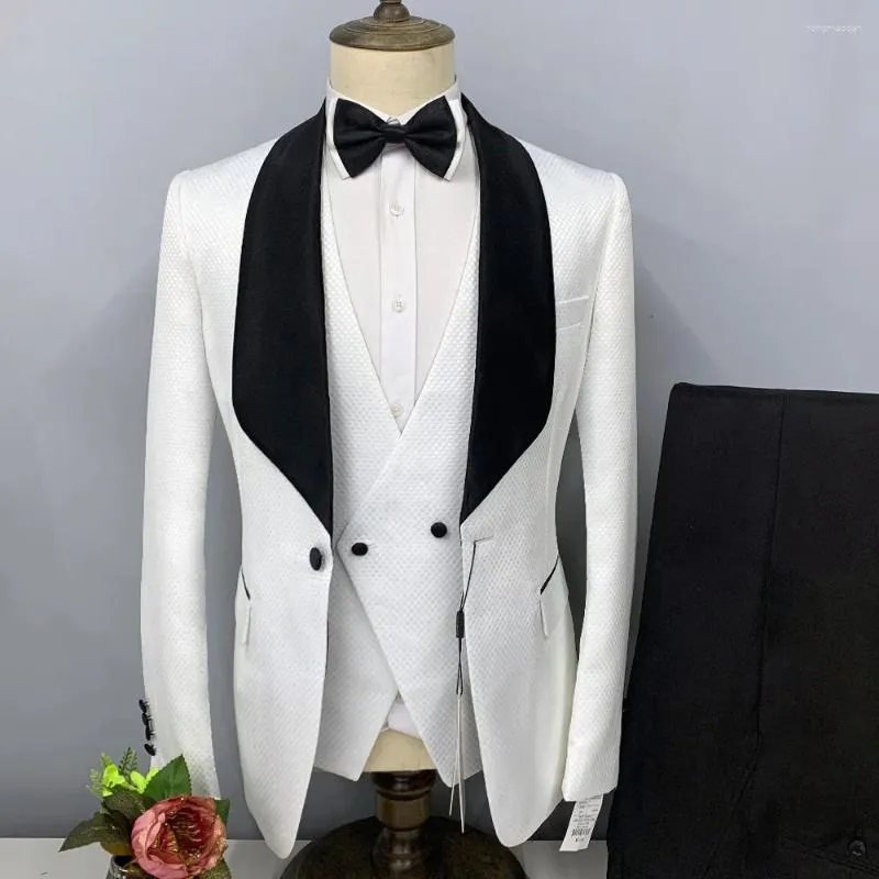 Men's Suits White Lattice Jacquard Fabric 3d Dot Print Man Suit Elegant Set Luxury Designer Boyfriend Slim Fit Blazer Wedding Ceremony Dress