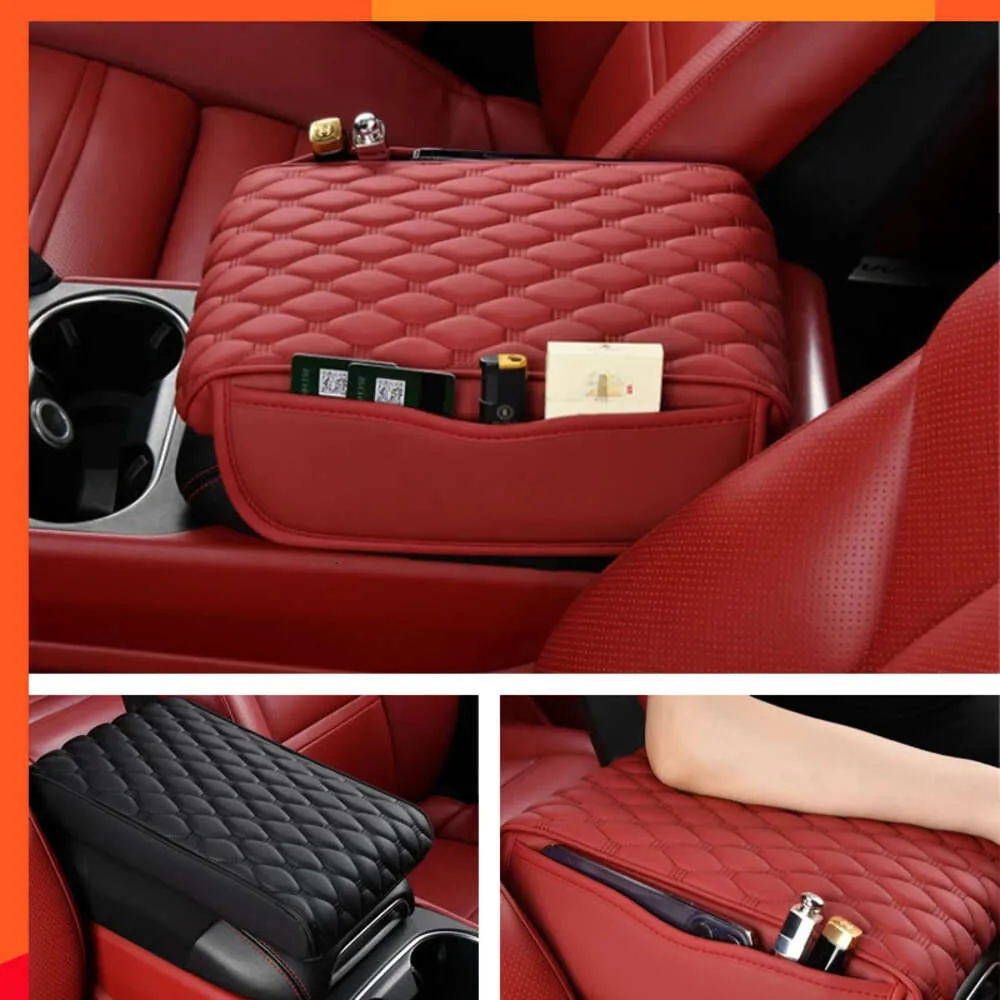 Nouveau Nouveau tapis d'accoudoir de voiture en cuir PU avec sac de rangement Console centrale accoudoirs automatiques boîte de rangement housse coussin de Protection repose-bras