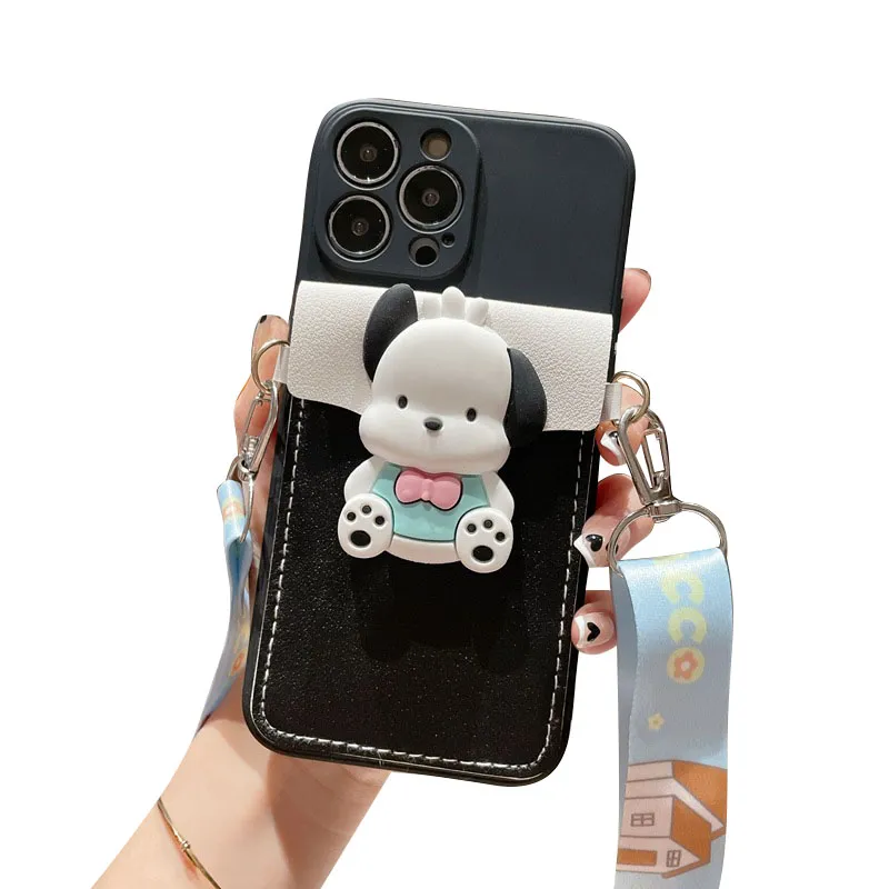 Cartoon Cute 3D Dog Mobile Phone Cases Crossbody Wallet Phone Case para Apple IPhone15 14 Plus 13 Pro Max 12 Mini Cartão de Inserção à Prova de Choque Não Amarelado TPU Capa Traseira