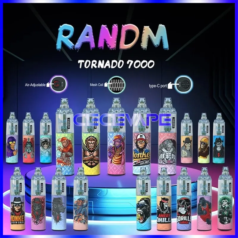 Original Randm Tornado 7000 Puffs engångsvapspenna elektroniska cigaretter 14 ml POD Mesh Coil 6 Glowing Colors Recheble 850mAh Battery 7K Puff Device