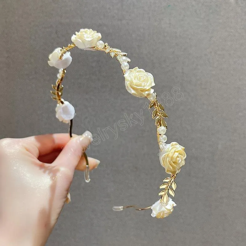 Luxurious Elegant Rose Vine Hair Hoop Headband Women Girl Vintage Metal Flower Pearl Headdress Hairbands Ladies Hair Accessories