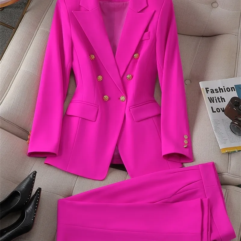 Kvinnors tvåbitar byxor Fashion Pink Green Black Ladies Wear Pant Suit Women Kvinnlig knapp dekoration Formell jacka blazer och byxor 2 Set 231123