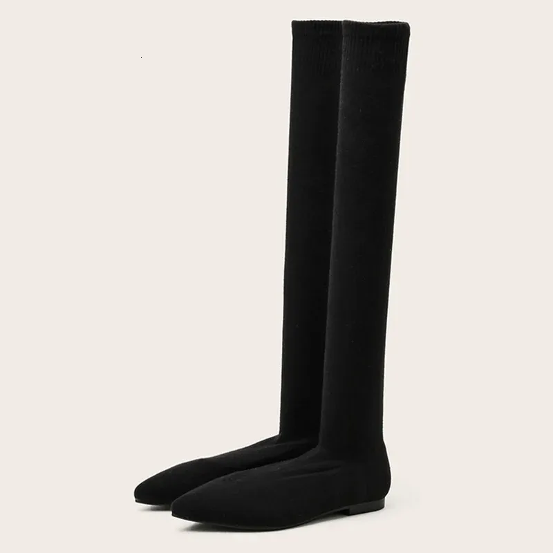 Stövlar Storlek 34-40 Fashion Slim Ben Lår High Sock Boots Women Black Stretch Fabric Point Toe Flat Heels Over The Kne Slip On Shoes 231123