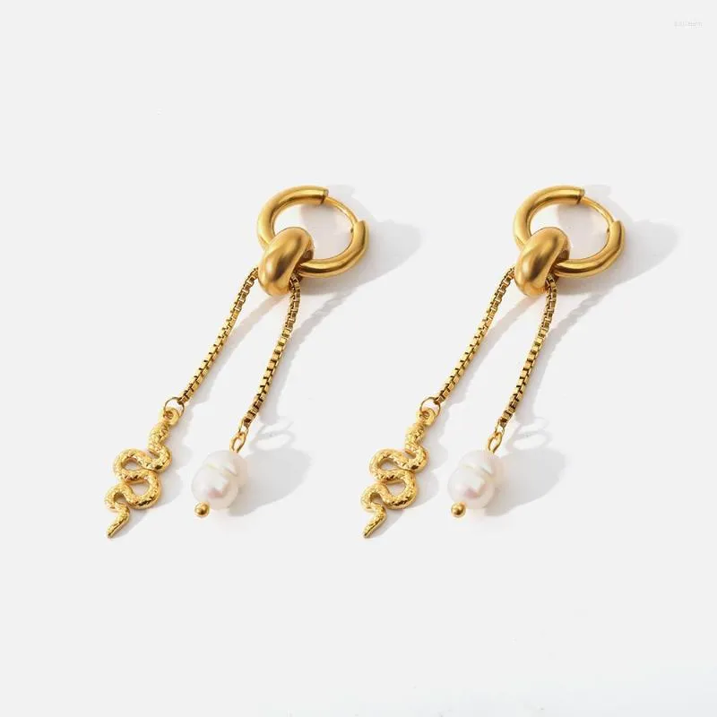 Boucles d'oreilles créoles en acier inoxydable pour femmes, pendentif en perle naturelle, Texture en métal 18 K, bijoux cadeau