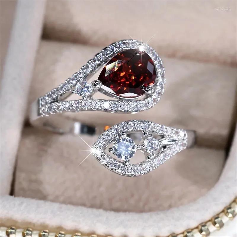 Cluster Rings Pear Cut Red Stone Water Drop Zircon Wedding Bands Silver Color Opening Vintage Teardrop Index Finger For Women Jewelry CZ