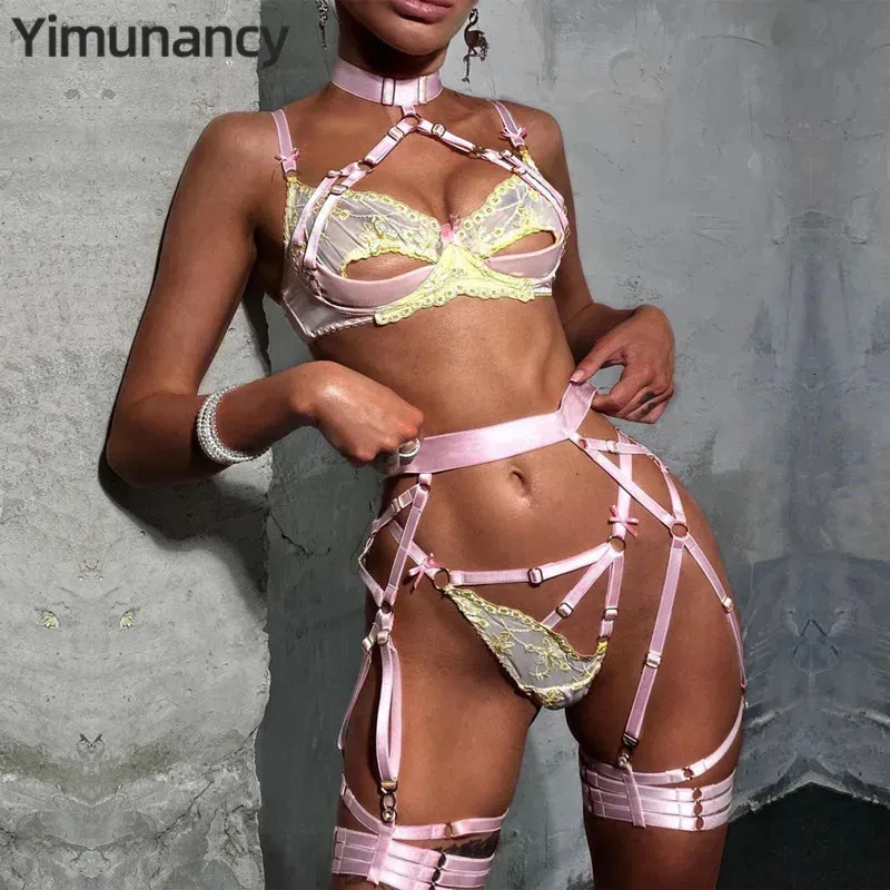 BHs Sets Yimunancy 3-teiliges Spitzen-Dessous-Set für Damen, ausgeschnitten, 5 Farben, Stickerei, Blumen, Erotik, rosa Bandage, sexy Slip-Set 231124