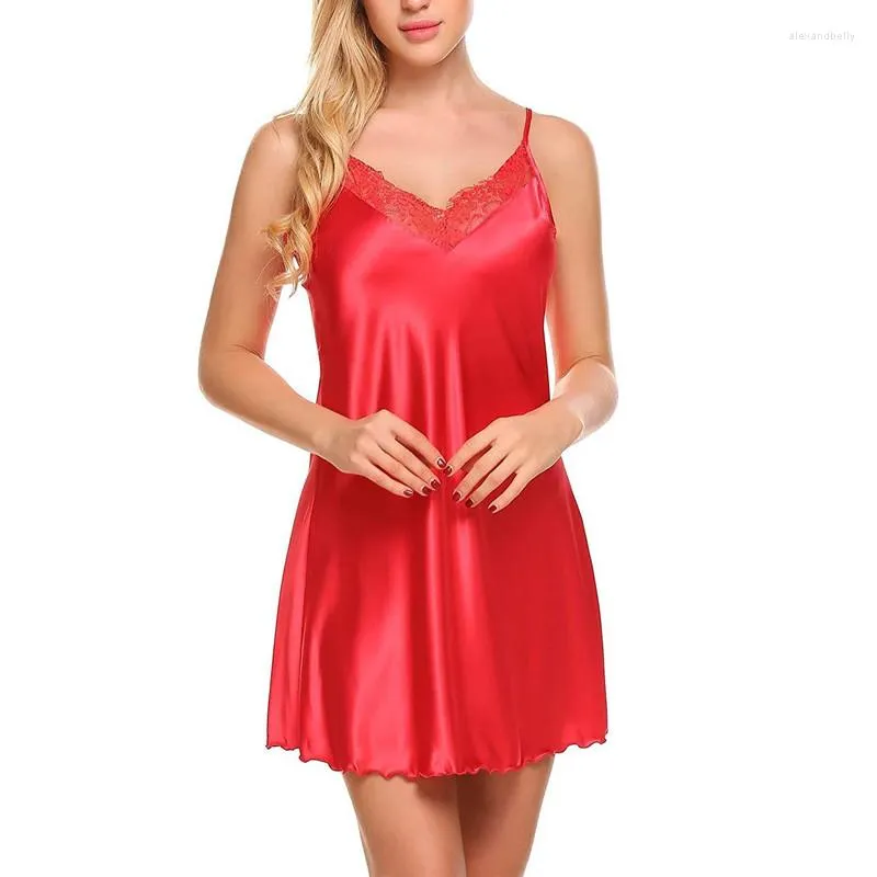 Damen Nachtwäsche Mode Sexy Spitze V-Ausschnitt Satin Up Ärmellos Nachthemd Bademantel Nachthemd Dessous Nachtwäsche