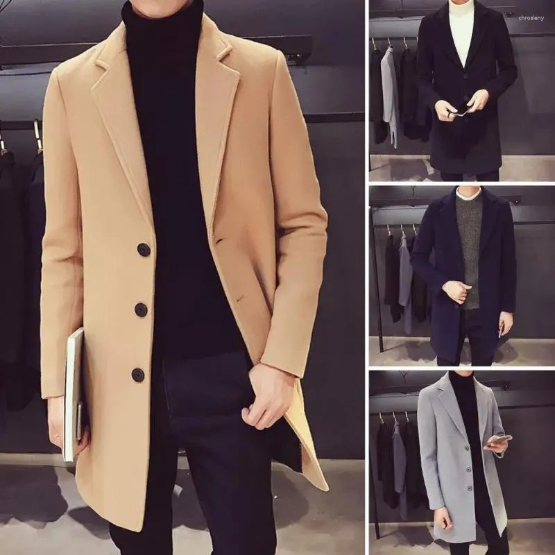 Trench da uomo Cappotto lungo da uomo Elegante soprabito invernale di media lunghezza tinta unita caldo cardigan antivento per la stagione autunnale