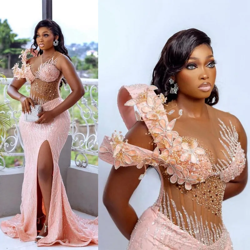 Lastest Aso Ebi Light Pink Prom Gowns Mermaid Illusion Evening Birthday Party Second Reception African Arabic Nigeria Formal Dress Bridesmaid Engagement ST262