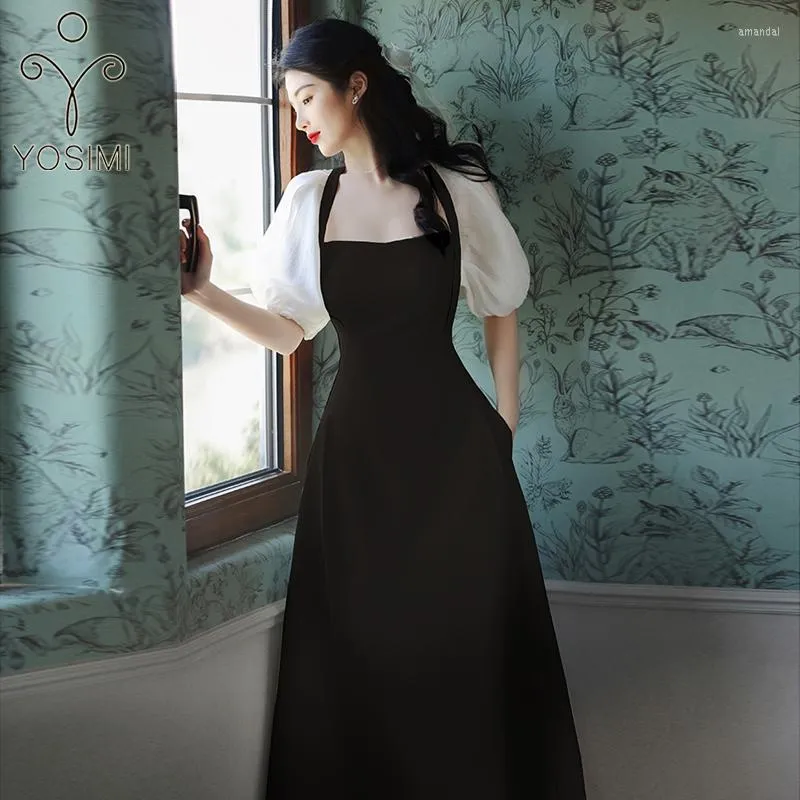 Robes de soirée YOSIMI Noir Patchwork Blanc Voile Longue Robe 2023 Été Vintage Slash Cou Manches Courtes Mi-mollet A-ligne Pour Les Femmes