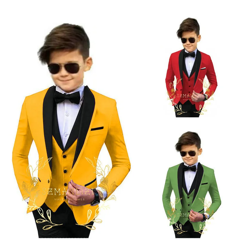 Abiti Formali Ragazzi Vestito per matrimonio Bambini Blazer da festa in oro Gilet Pantaloni Completi Scialle con risvolto Costume per bambini Signori Smoking da ballo 230424