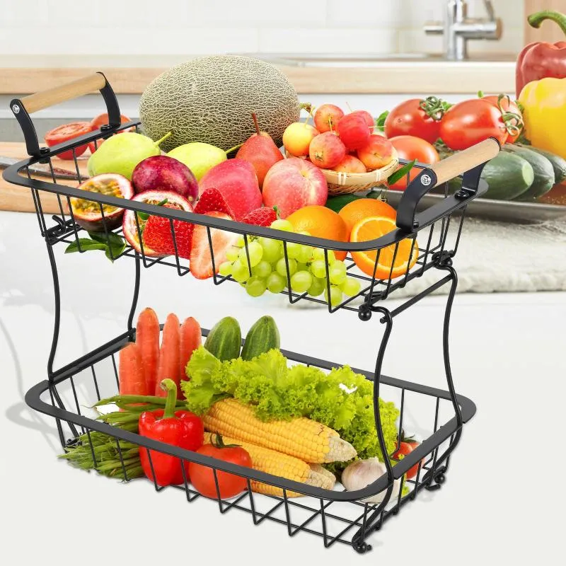 Plates 2 Tier Fruit Basket With Wooden Handle Detachable Rack Countertop Multifunctional Bowl Storage Reusable