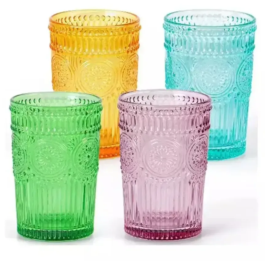 72 pieces /carton Vintage Drinking Glasses Romantic Water Glasses Embossed Romantic Glass Tumbler for Juice Beverages Beer Cocktail bb0130