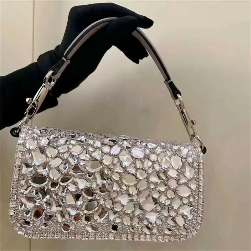 Bag locos Valentons 7a äkta läder diamantmiddag mini Big Crystal Evening Baguette Sier Tone Hardware Cross Body Top Handjql4