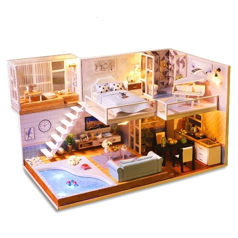 DIY Wooden House Miniaturas with Furniture DIY Miniature House Dollhouse  Toys for Children Christmas and Birthday