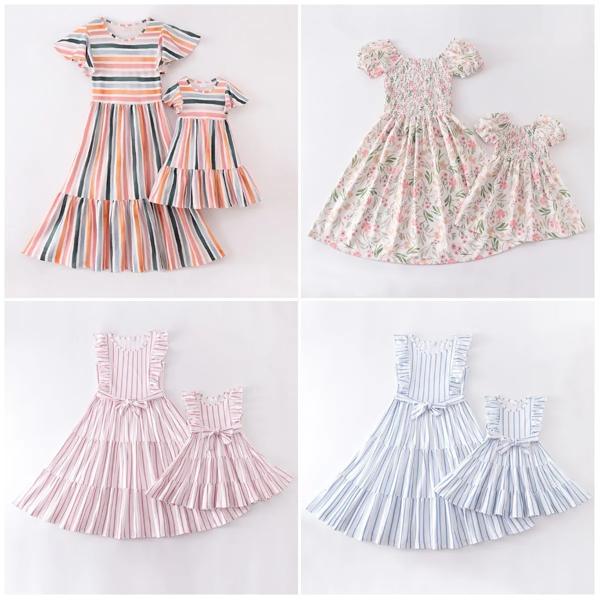 가족 일치 의상 girlymax 여름 여자 아기 엄마 Me Boutique Children Close Stripe Floral Slocked Milk 실크 드레스 Kidswear 230424