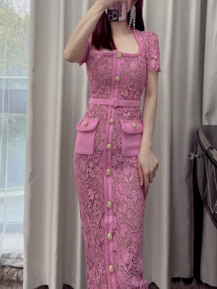 Pink Lace Stitched Short-Sleeved Lace midi dress for Women - Perfect for Spring and Autumn Casual Wear (Size 230424)