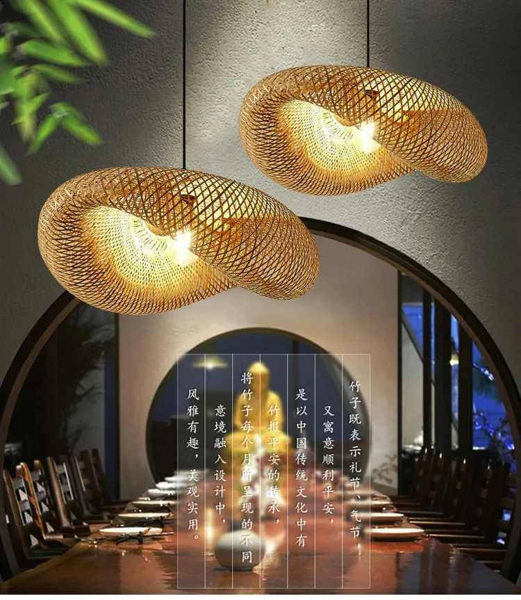 Natuurlijke Bamboe Kroonluchter Rotan Hanglamp Retro E27