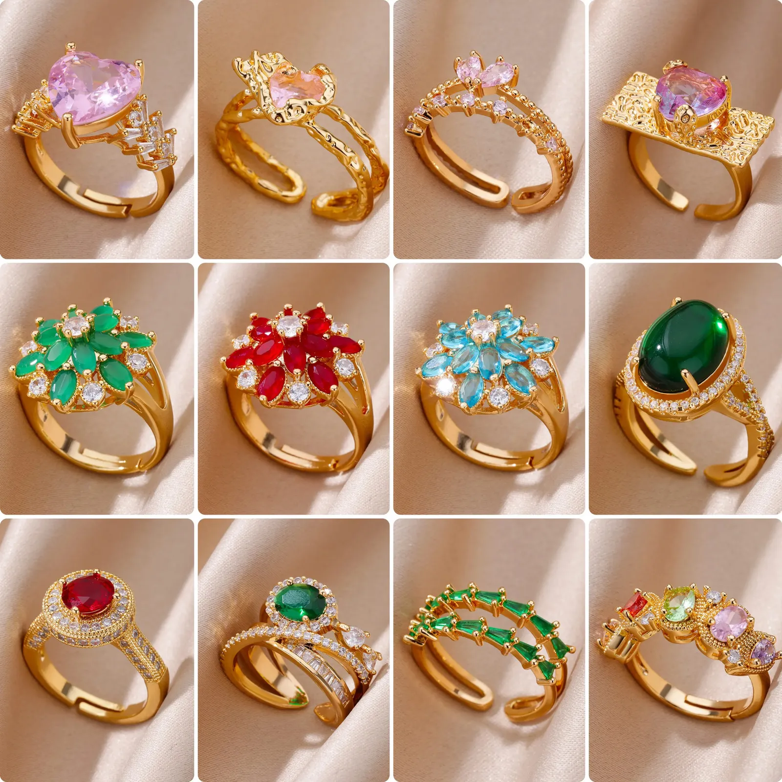 Band Rings Zircon Flower Ring for Women Gold Plated Justerbart rostfritt stål Bröllop Estetiska smycken Gift 231123