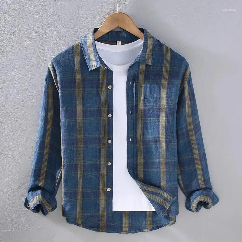 Camicie casual da uomo Primavera Autunno Stile coreano Tasca a righe Patchwork Lino Manica lunga Abiti larghi da uomo
