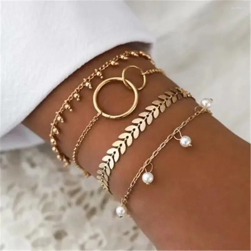 Strand Vintage Fashion Gold Color Geometric Bead Olive Leaf Faux Pearl Pendant Set Bracelet For Women Boho Chain Multilevel Jewelry