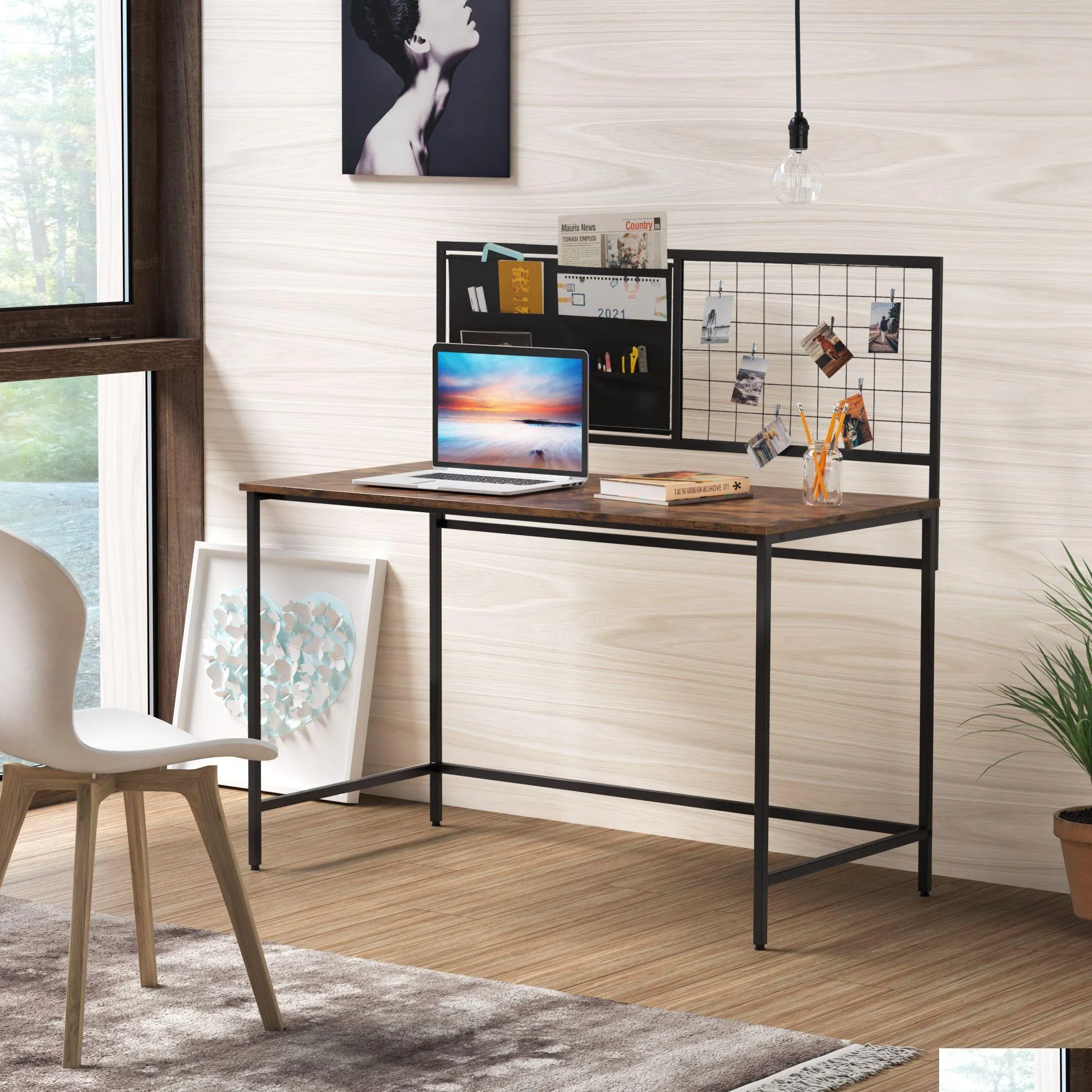 Bureau d'ordinateur de meubles de chambre à coucher avec maille, table d'écriture d'étude de 46,5 pouces pour bureau à domicile, style simple moderne, cadre en métal noir rustique B Dhzi8