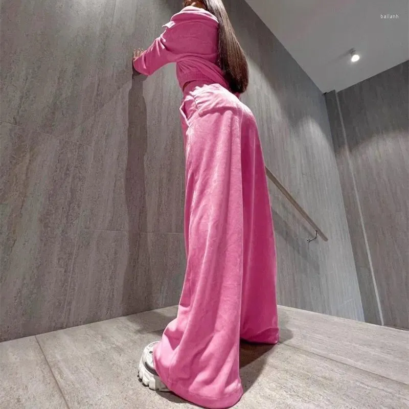 Calças femininas de duas peças Mulheres Tracksuit Velvet Set Zipper Manga Longa Casaco Perna Larga Outono Inverno Sportswear Calça Rosa Define Outfit