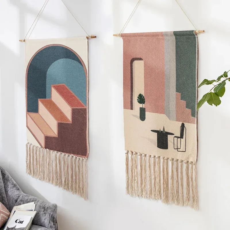 Tapestries Macrame Wall Hanging Tapestry Nordic Cotton Cotton Tassel مصنوعة يدويًا منسوجًا بوهيميا هندسيًا من القماش القماش غرفة المعيشة بوهو ديكور 231124