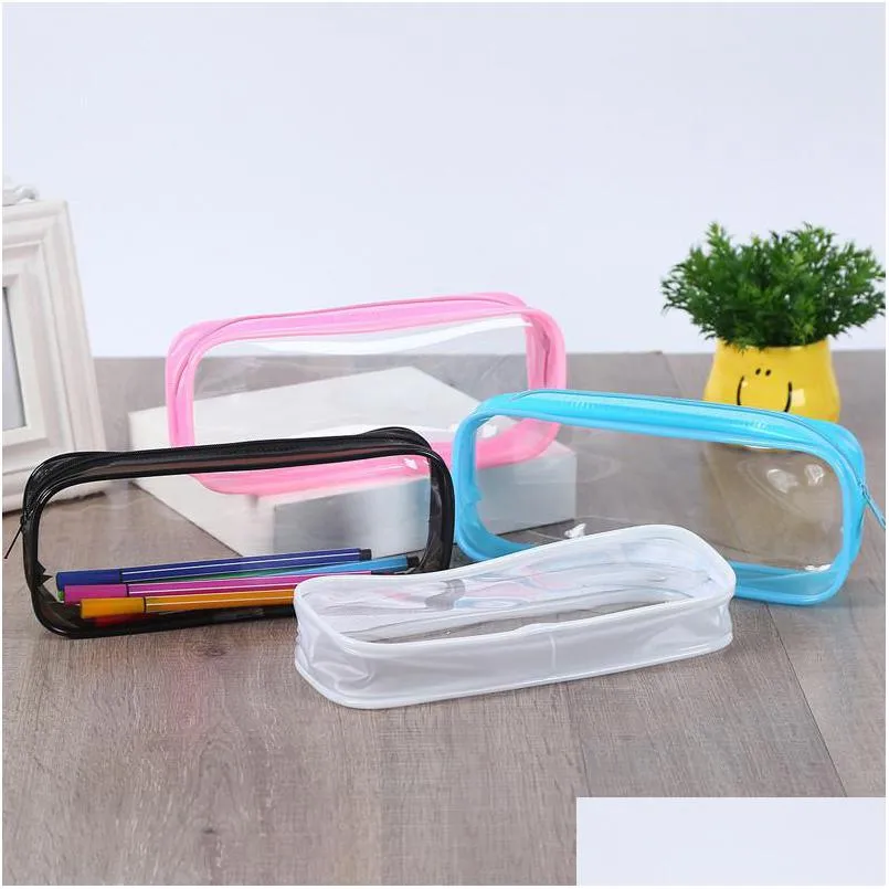 أكياس التخزين Clear PVC Pen Pencil Case مع Zipper for School Office Settationery Portable Bag Makeup Pouch LX2681 Drop de DH53J