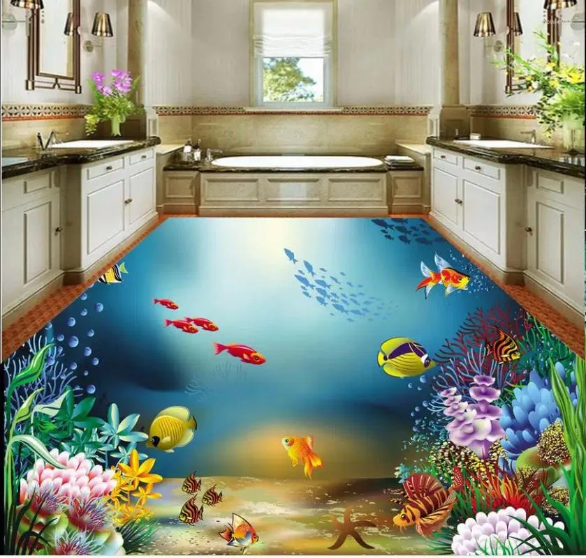 Fonds d'écran salle de bains monde sous-marin 3D peintures murales de sol papier peint revêtement de sol en PVC