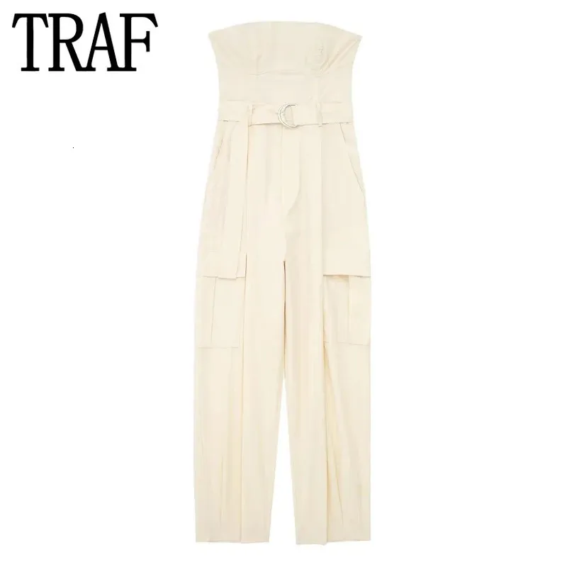 Kvinnors jumpsuits Rompers Traf Beige Cargo Long Woman 2023 Summer Off Shoulder Kvinnlig Jumpsuit Belt Backless Elegant Loose Overalls 231123