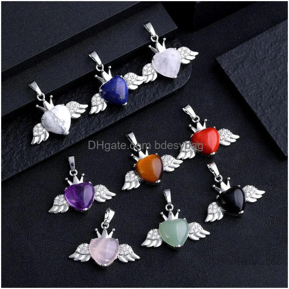 Charms Natural Stone Heart Wing Pendant For Women Rose Quartz Amethyst Tiger Eye Charms Jewelry Making Necklaces Wholesale Drop Delive Dhvfx