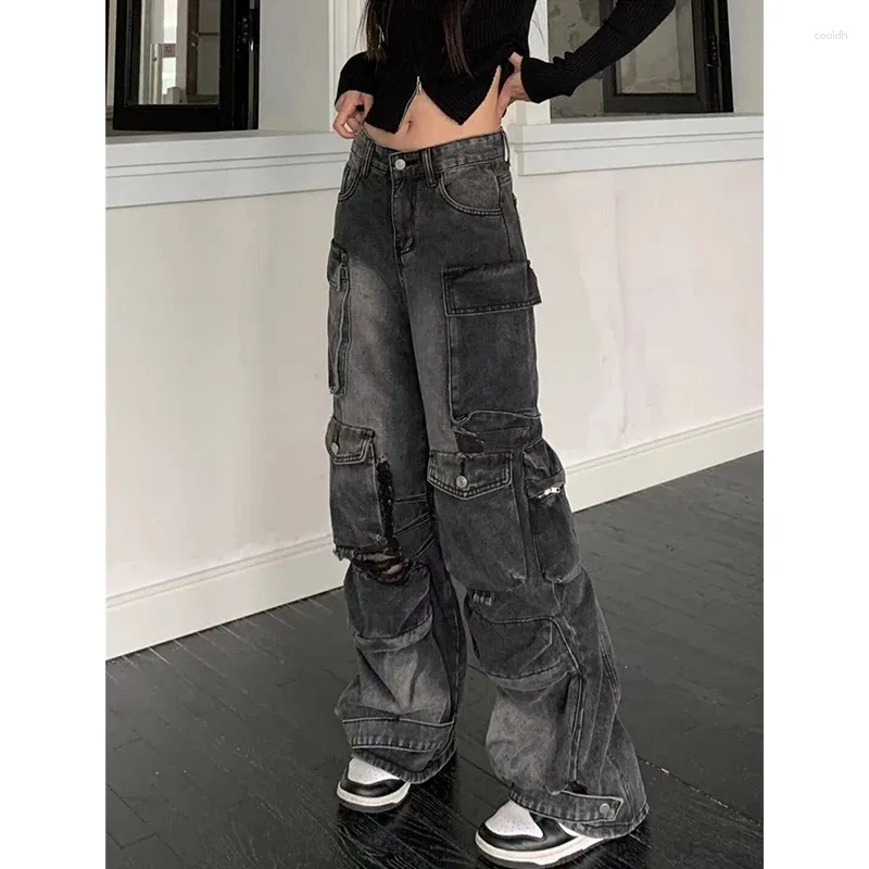 Women's Jeans Black Denim Overalls Street Clothes High-waisted American Wide-leg Pants Fashion Y2K Style Winter