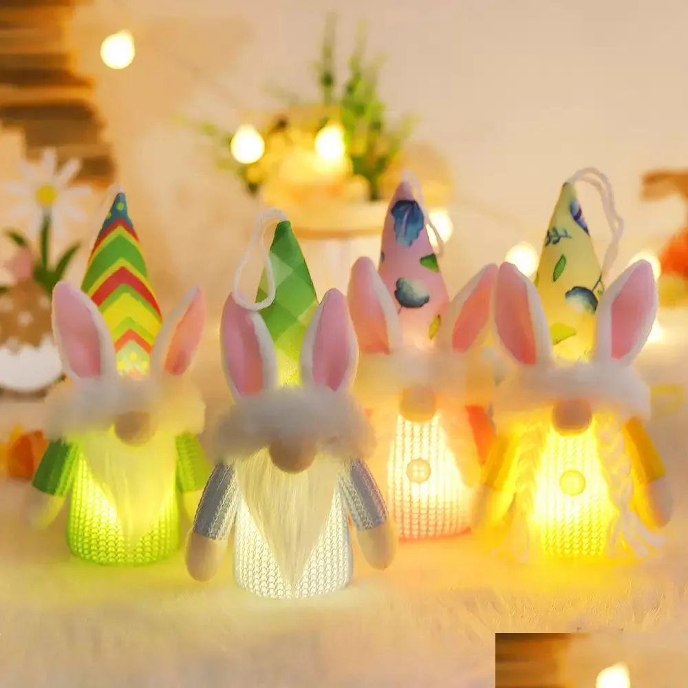 Party Favor DHS Pâques Gnome suspendus ornements décorations de lapin pour les vacances d'arbre en plein air intérieur décor à la maison en peluche lapin avec des lumières Dhvwb