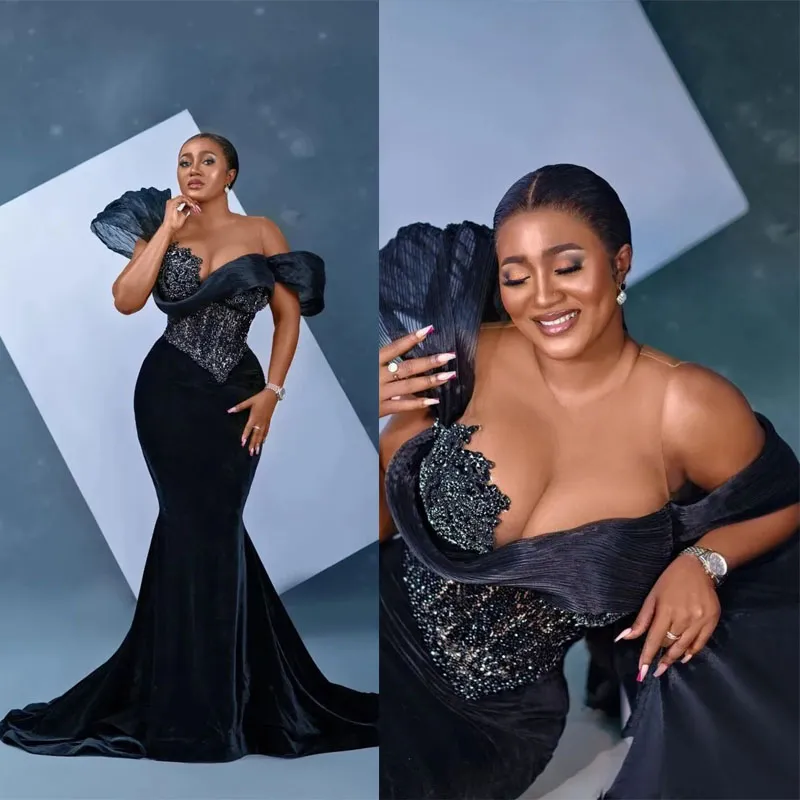 Green Velvet Prom Dresses African aso ebi Mermiad Evening Dress With Slit main image 1