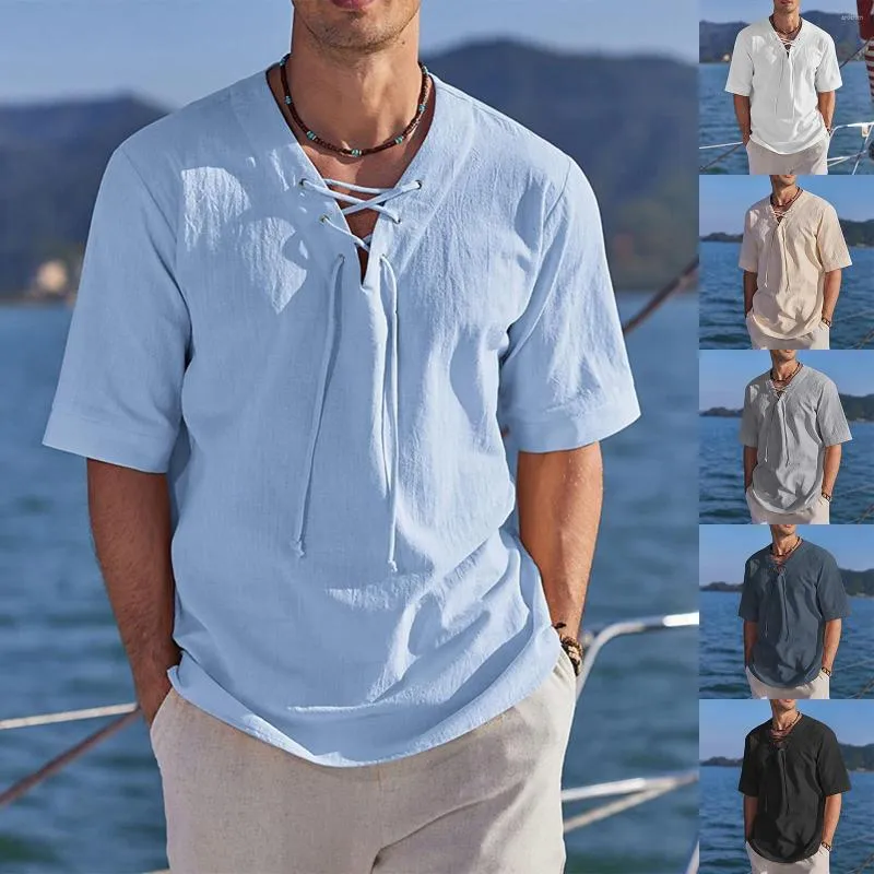 Men's T Shirts Summer Men's V-neck Shirt Short-sleeved T-shirt Cotton And Linen Casual Male Breathable Tops