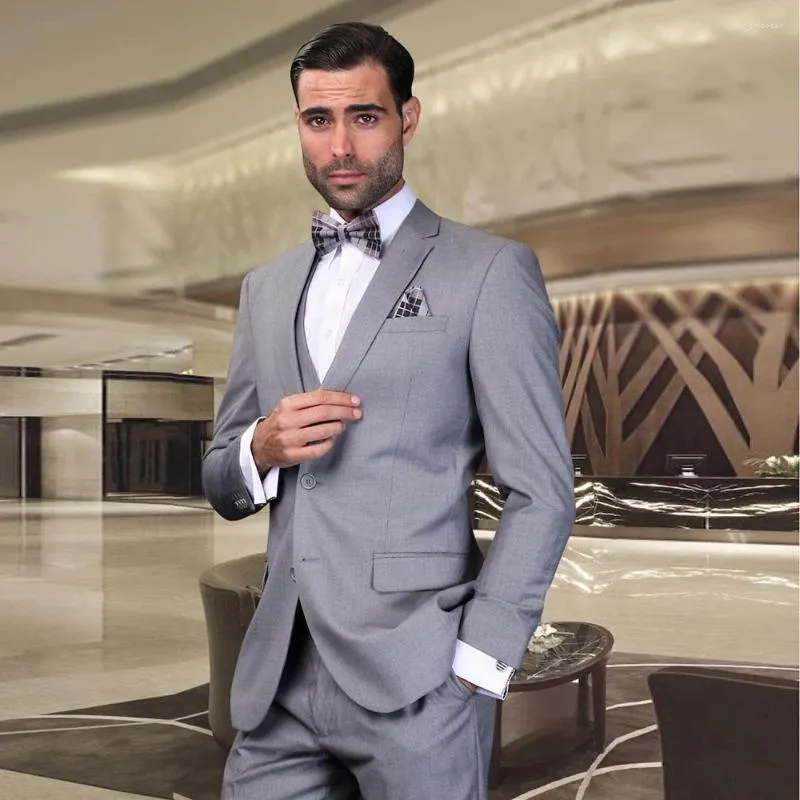 Men's Suits Luxury Grey Blazer Terno For Men Single Breasted Notched Lapel Elegant Costume Hombres 3 Piece Jacket Pants Vest Slim Fit